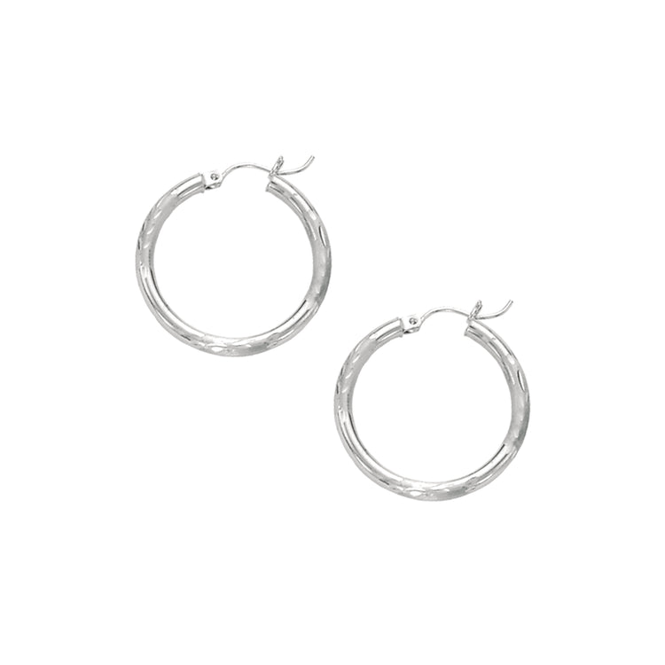 14K White Gold 3mm Diamond Cut & Polished Design Hoop Earring