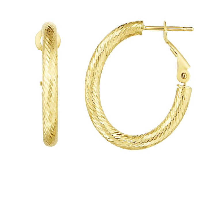 14K Gold Oval Diamond Cut Omega Back Hoop Earring