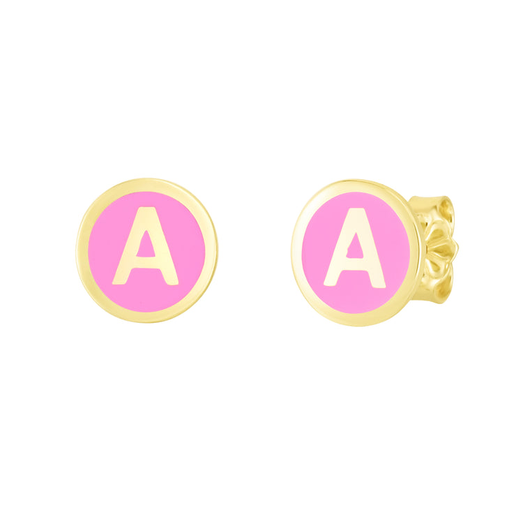 14K Pink Enamel A Initial Studs