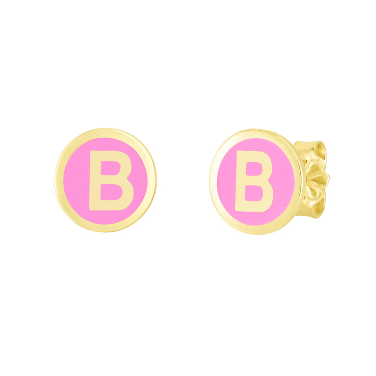 14K Pink Enamel B Initial Studs