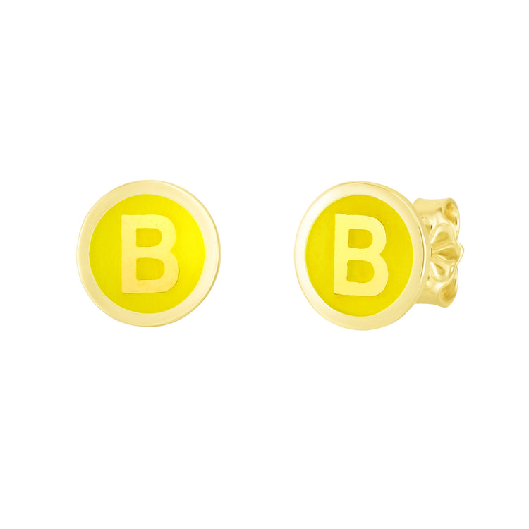14K Yellow Enamel B Initial Studs