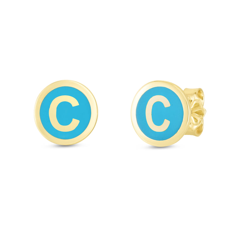 14K Turquoise Enamel C Initial Studs