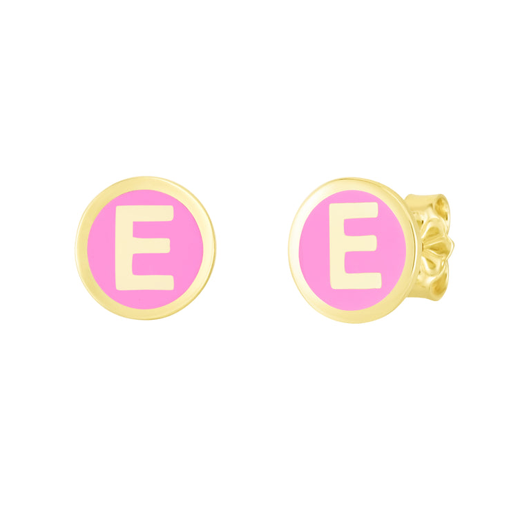 14K Pink Enamel E Initial Studs