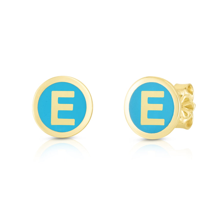 14K Turquoise Enamel E Initial Studs