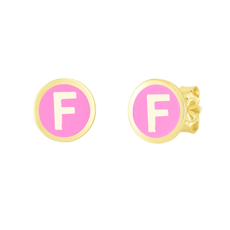 14K Pink Enamel F Initial Studs