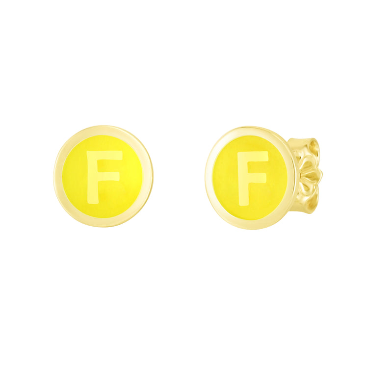 14K Yellow Enamel F Initial Studs