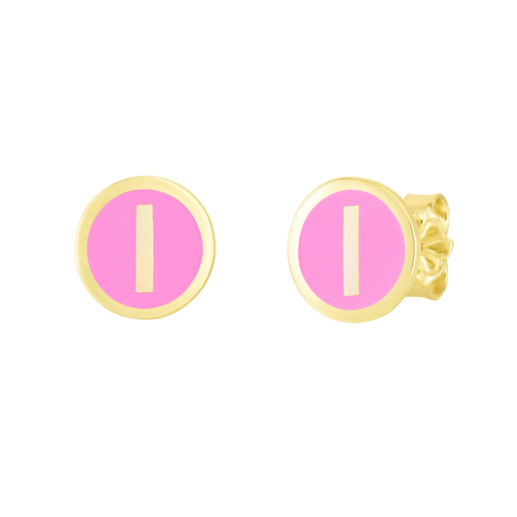 14K Pink Enamel I Initial Studs