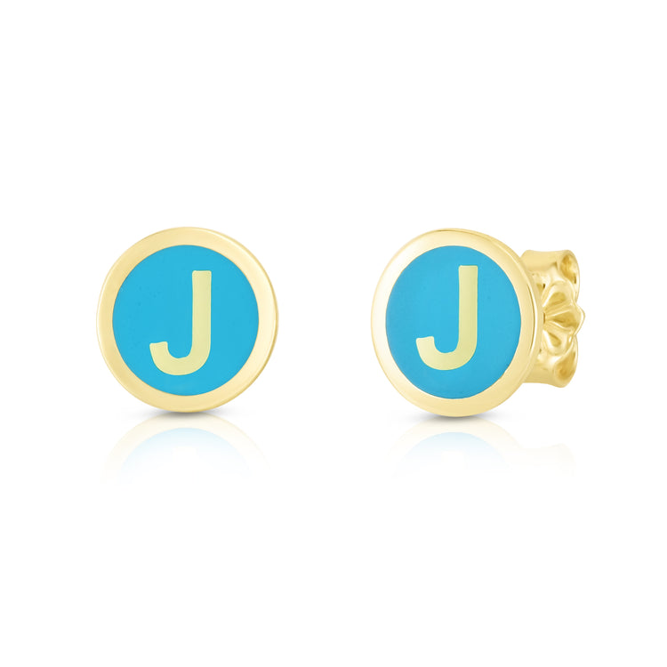 14K Turquoise Enamel J Initial Studs