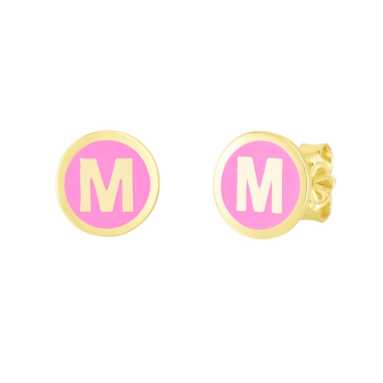 14K Pink Enamel M Initial Studs
