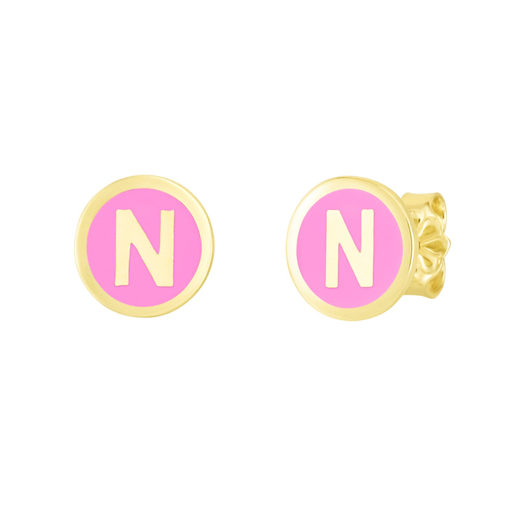 14K Pink Enamel N Initial Studs