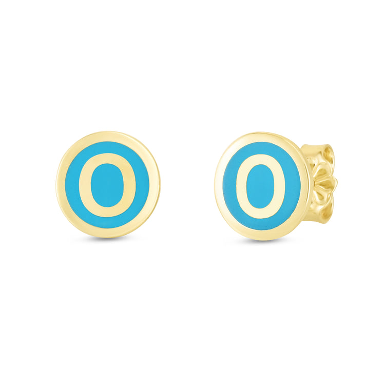 14K Turquoise Enamel O Initial Studs