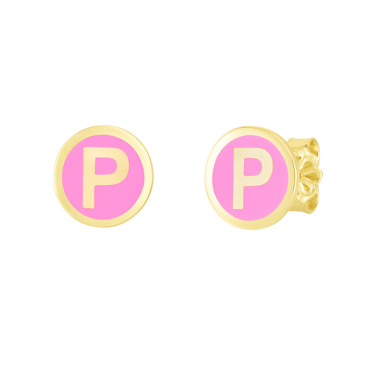 14K Pink Enamel P Initial Studs