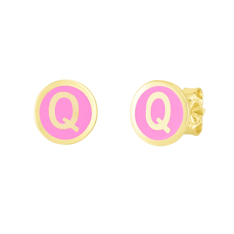 14K Pink Enamel Q Initial Studs