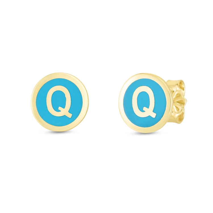 14K Turquoise Enamel Q Initial Studs