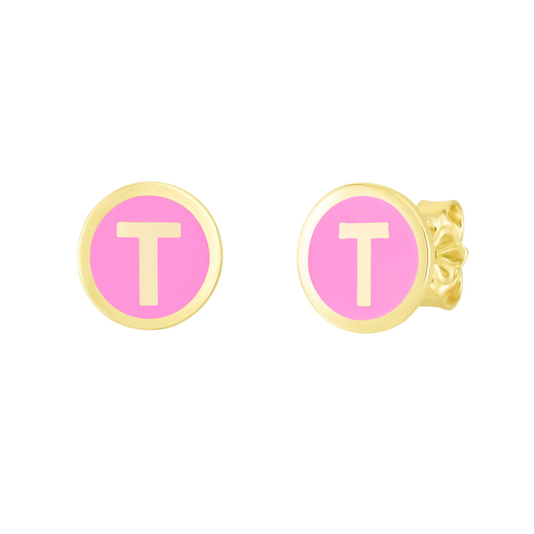 14K Pink Enamel T Initial Studs