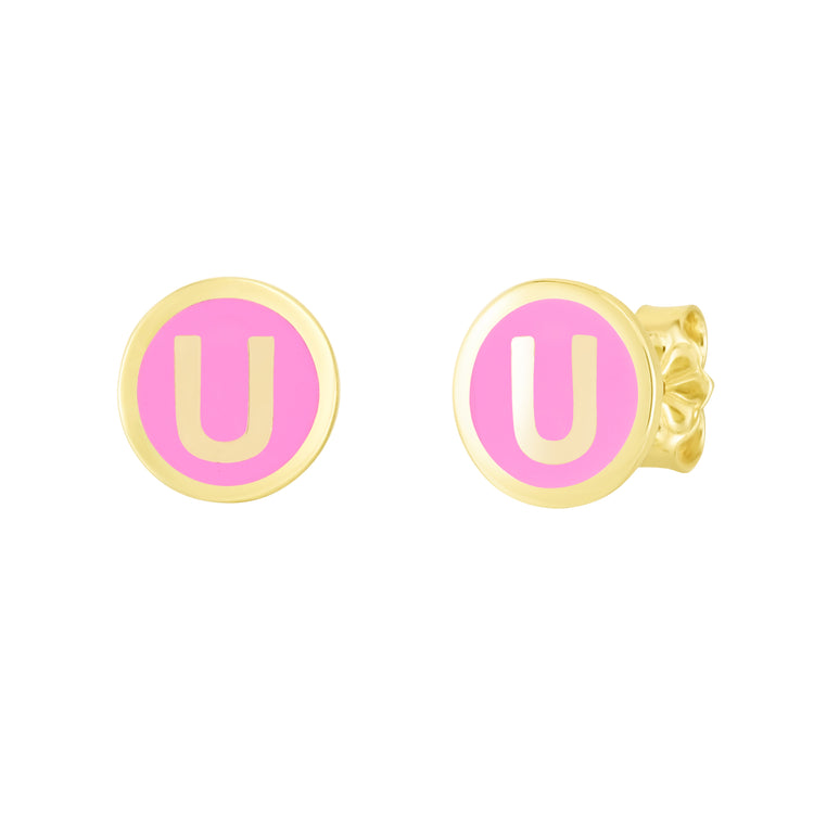 14K Pink Enamel U Initial Studs