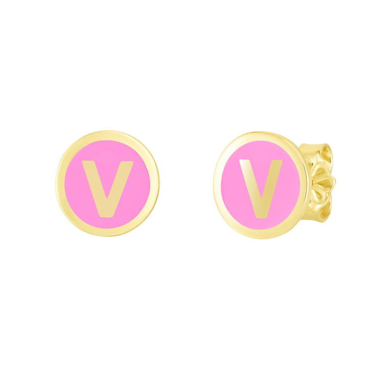 14K Pink Enamel V Initial Studs