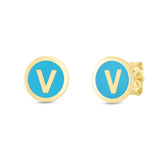 14K Turquoise Enamel V Initial Studs