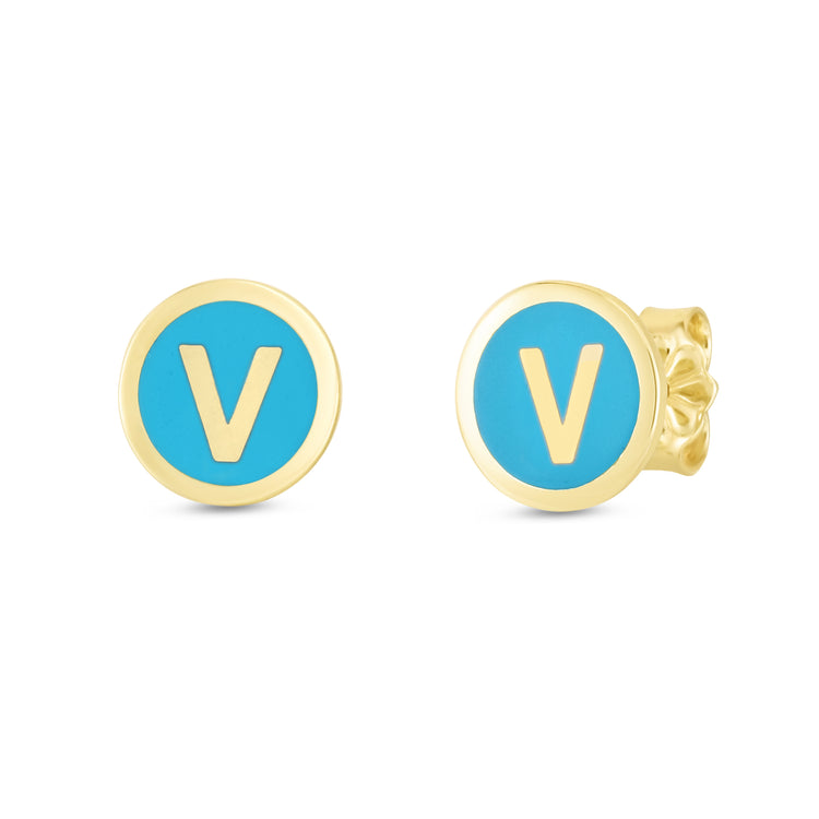 14K Turquoise Enamel V Initial Studs