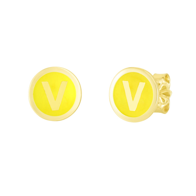 14K Yellow Enamel V Initial Studs