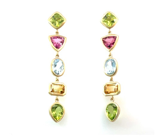 18K Yellow Gold Mixed Gemstone Earrings with Aquamarines, MARCH BIRTHSTONE JEWELRY