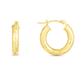 14K Yellow Gold 3mm Diamond Cut & Polished Design Hoop Earring