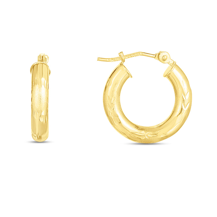 14K Yellow Gold 3mm Diamond Cut & Polished Design Hoop Earring