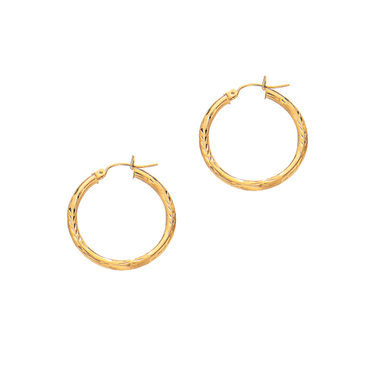 14K Yellow Gold 3mm Diamond Cut & Polished Design Hoop Earring