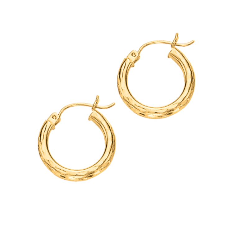 14K Yellow Gold 3x20mm Diamond Cut Hoop Earring