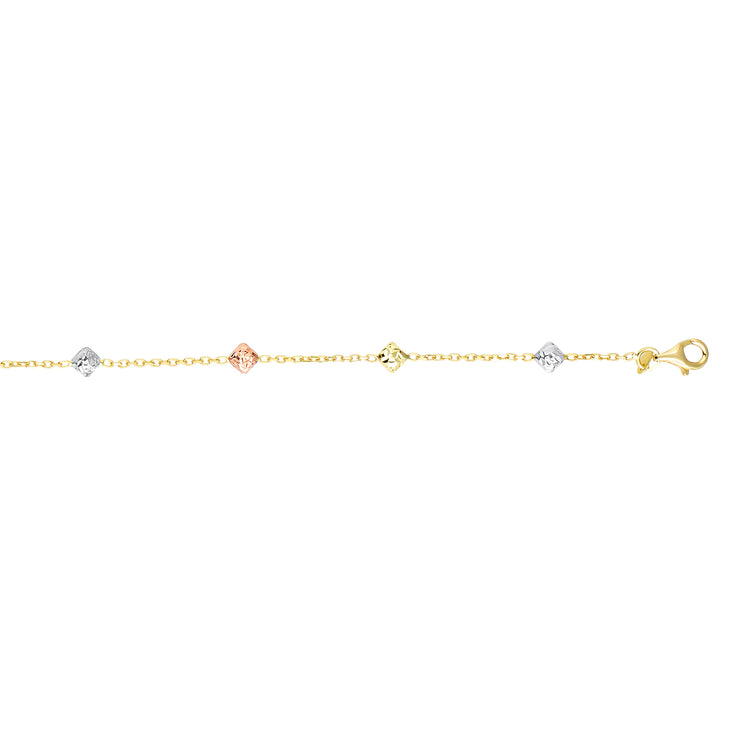 14K Tri-color Gold Diamond Cut Square Bead Station Bracelet