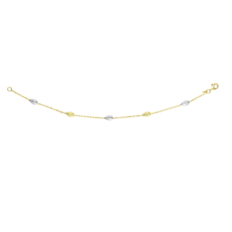 14K Two-tone Gold Diamond Cut Bead Pear Shape Station Necklace