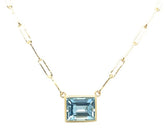 18K YELLOW GOLD EMERALD CUT BEZEL SET PAPERCLIP NECKLACE with Aquamarines, MARCH BIRTHSTONE JEWELRY