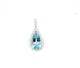 18K WHITE GOLD PEAR SHAPE HALO PENDANT with Aquamarines, MARCH BIRTHSTONE JEWELRY