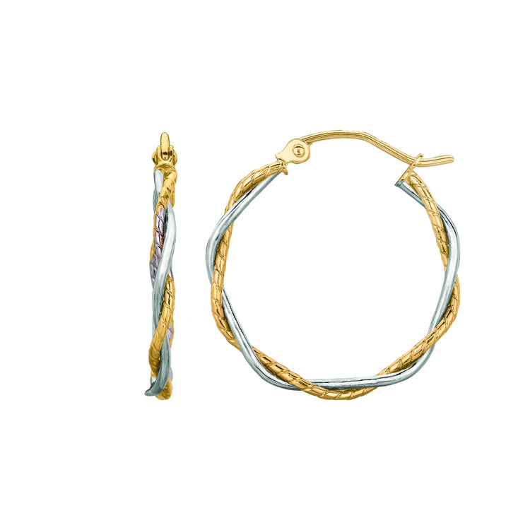 14K Gold Double Row Polished & Dimaond Cut Twist Hoop Earring