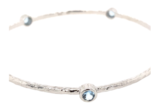 STERLING SILVER AQUAMARINE STATION BANGLE, MARCH BIRTHSTONE JEWELRY