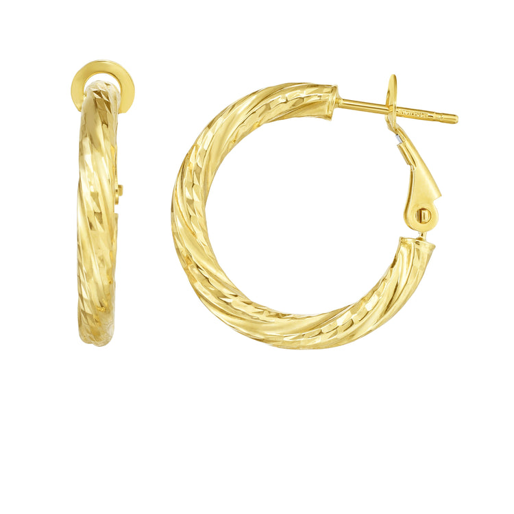 14K Gold 3x15mm Diamond Cut Twist Omega Back Hoop Earring