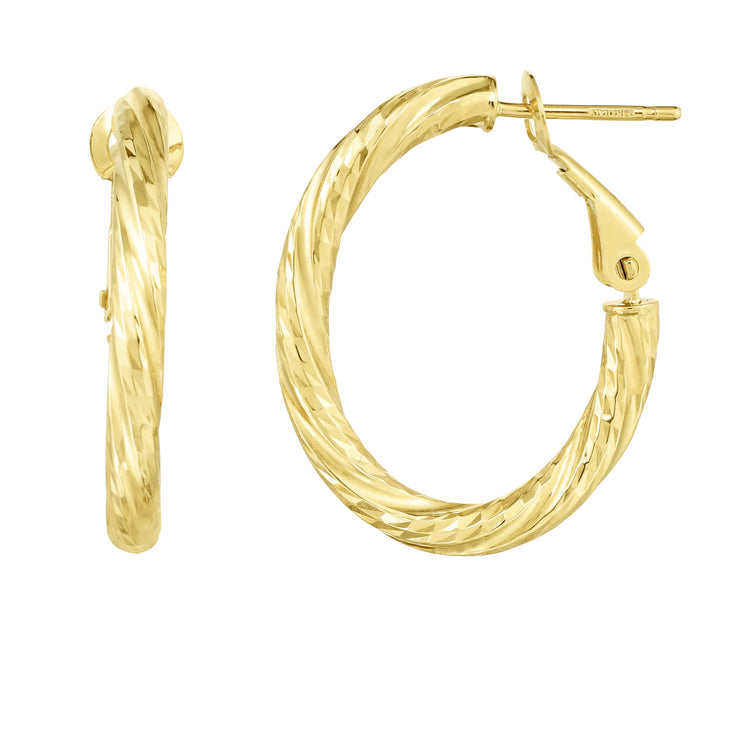 14K Gold Oval Diamond Cut Twist Omega Back Hoop Earring