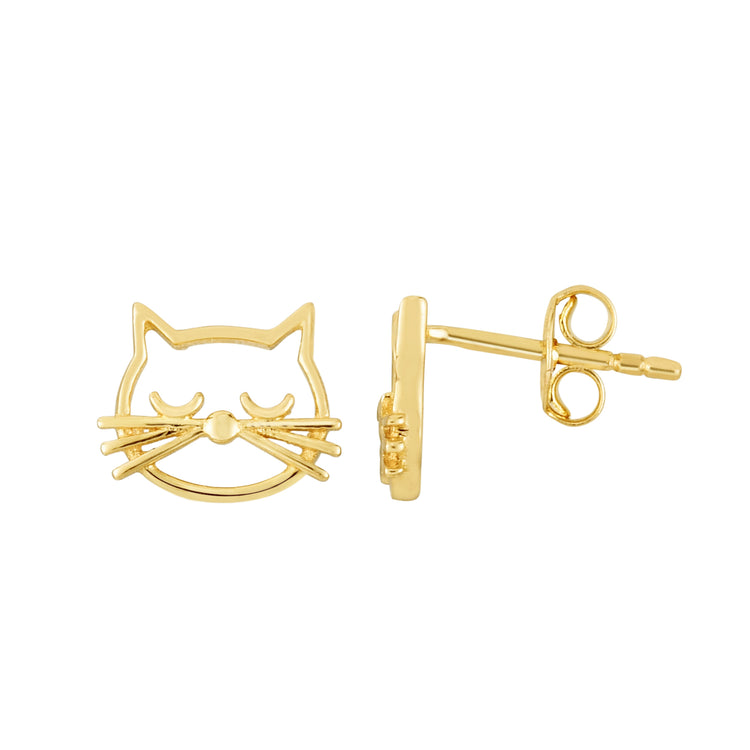 14K Gold Polished Cat Face Stud Earring