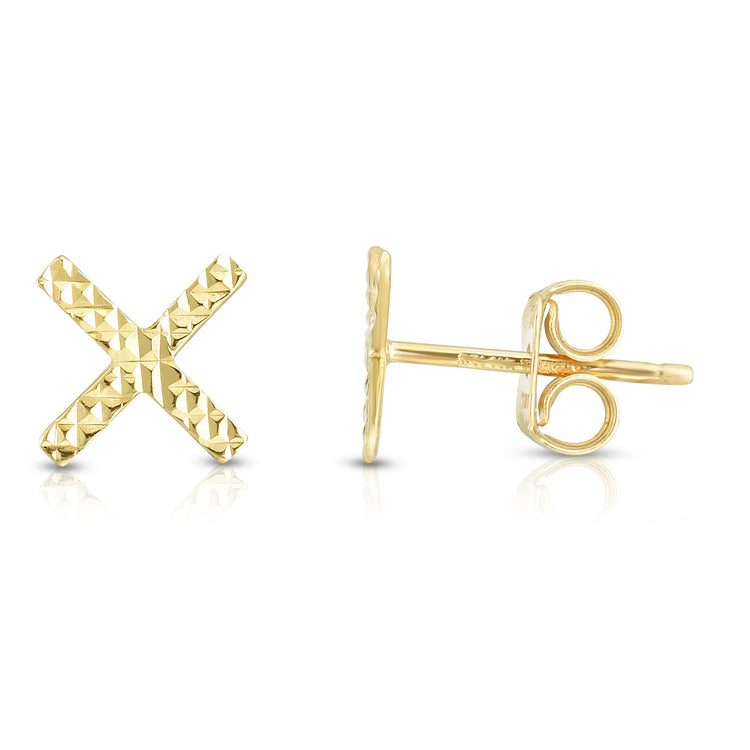 14K Gold Diamond Cut X Stud Earring