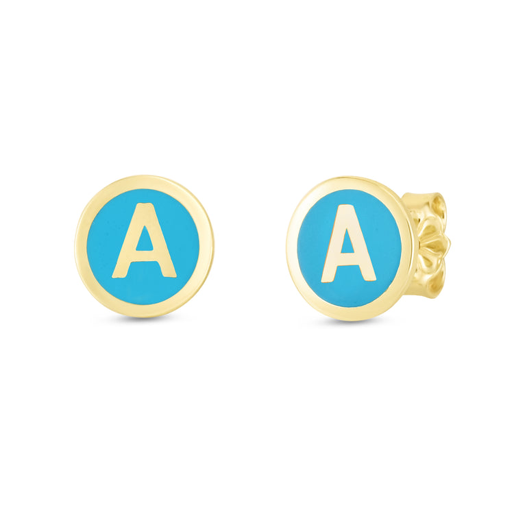 14K Turquoise Enamel A Initial Studs