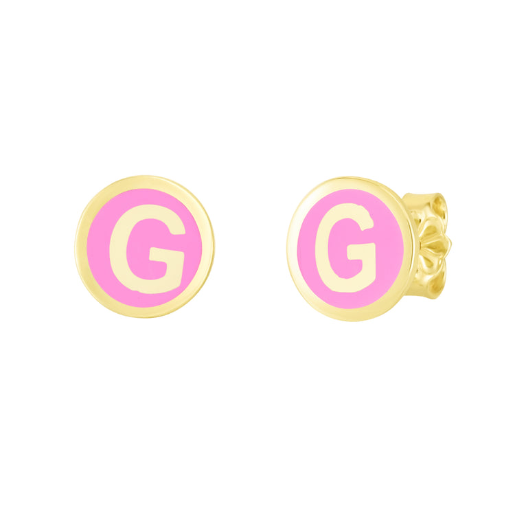 14K Pink Enamel G Initial Studs