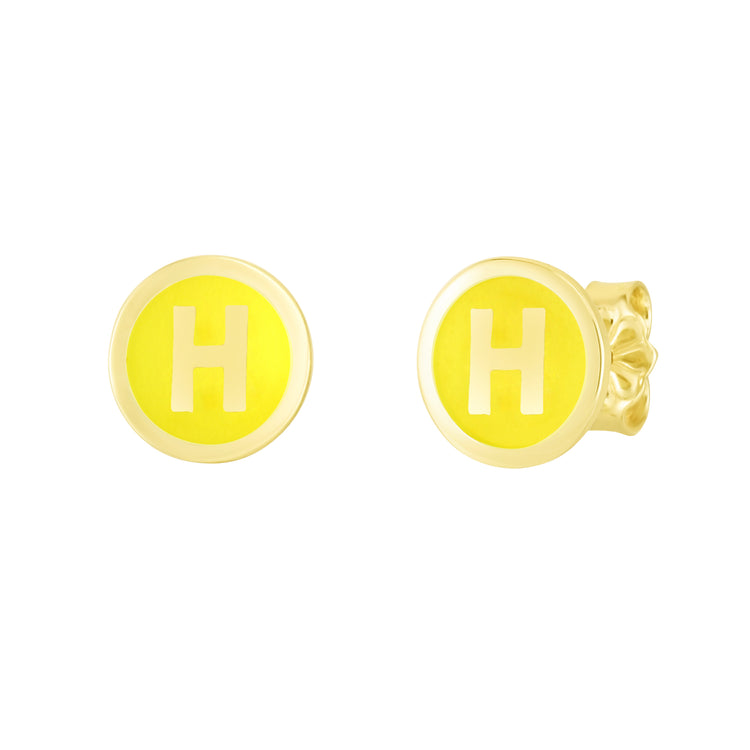 14K Yellow Enamel H Initial Studs