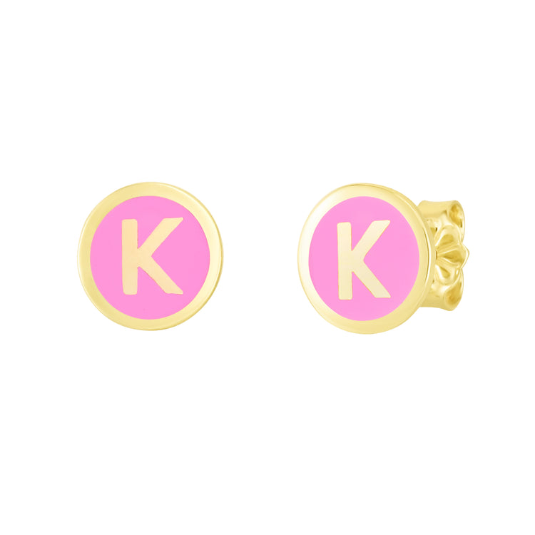 14K Pink Enamel K Initial Studs