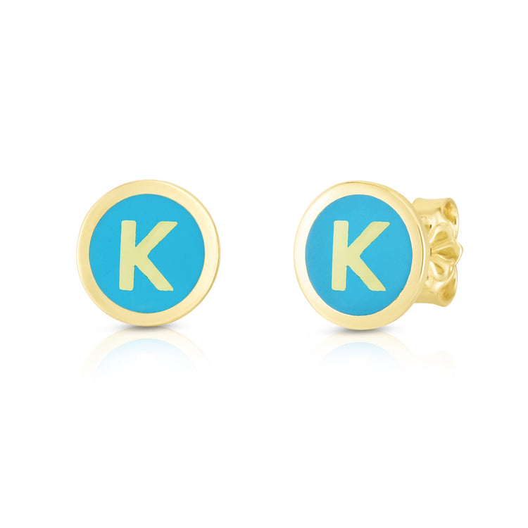 14K Turquoise Enamel K Initial Studs