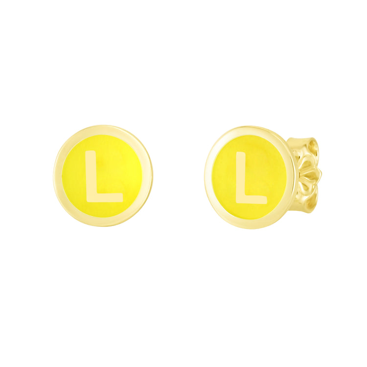 14K Yellow Enamel L Initial Studs