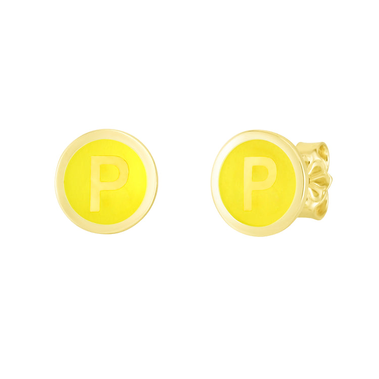 14K Yellow Enamel P Initial Studs