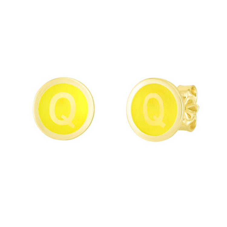 14K Yellow Enamel Q Initial Studs