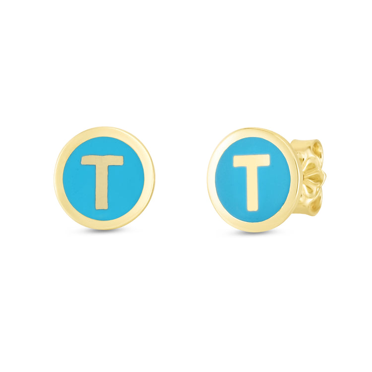 14K Turquoise Enamel T Initial Studs