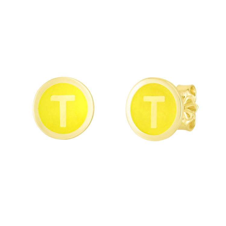 14K Yellow Enamel T Initial Studs