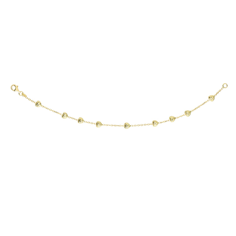 14K Gold Diamond Cut Bead Heart Station Bracelet